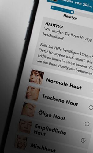Bildschirm eines Smartphones mit einer Hauttyp-Abbildung und Optionen: normale, trockene, olige, empfindliche und Mischhaut.