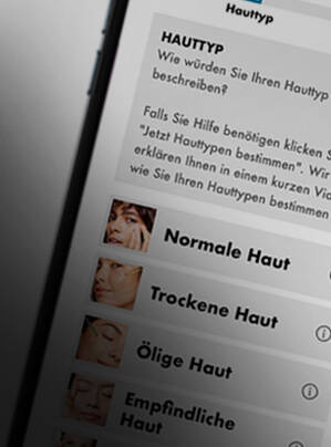 Bildschirm eines Smartphones mit einer Hauttyp-Abbildung und Optionen: normale, trockene, olige, empfindliche und Mischhaut.