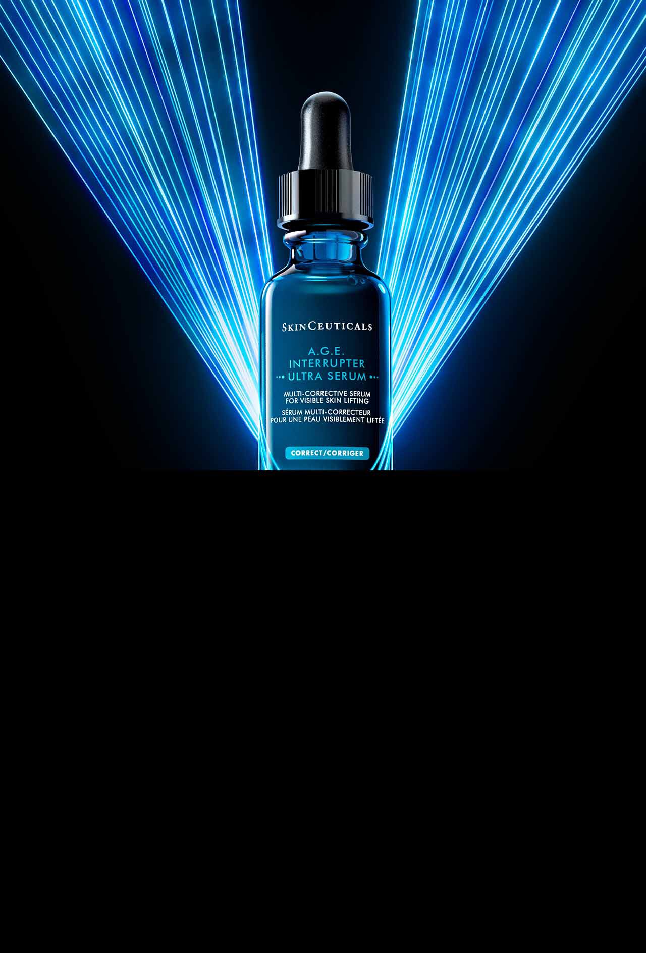 Eine Flasche mit dem Serum C E Ferulic von SkinCeuticals, vor einem dunklen Hintergrund mit roten Lichtakzenten.