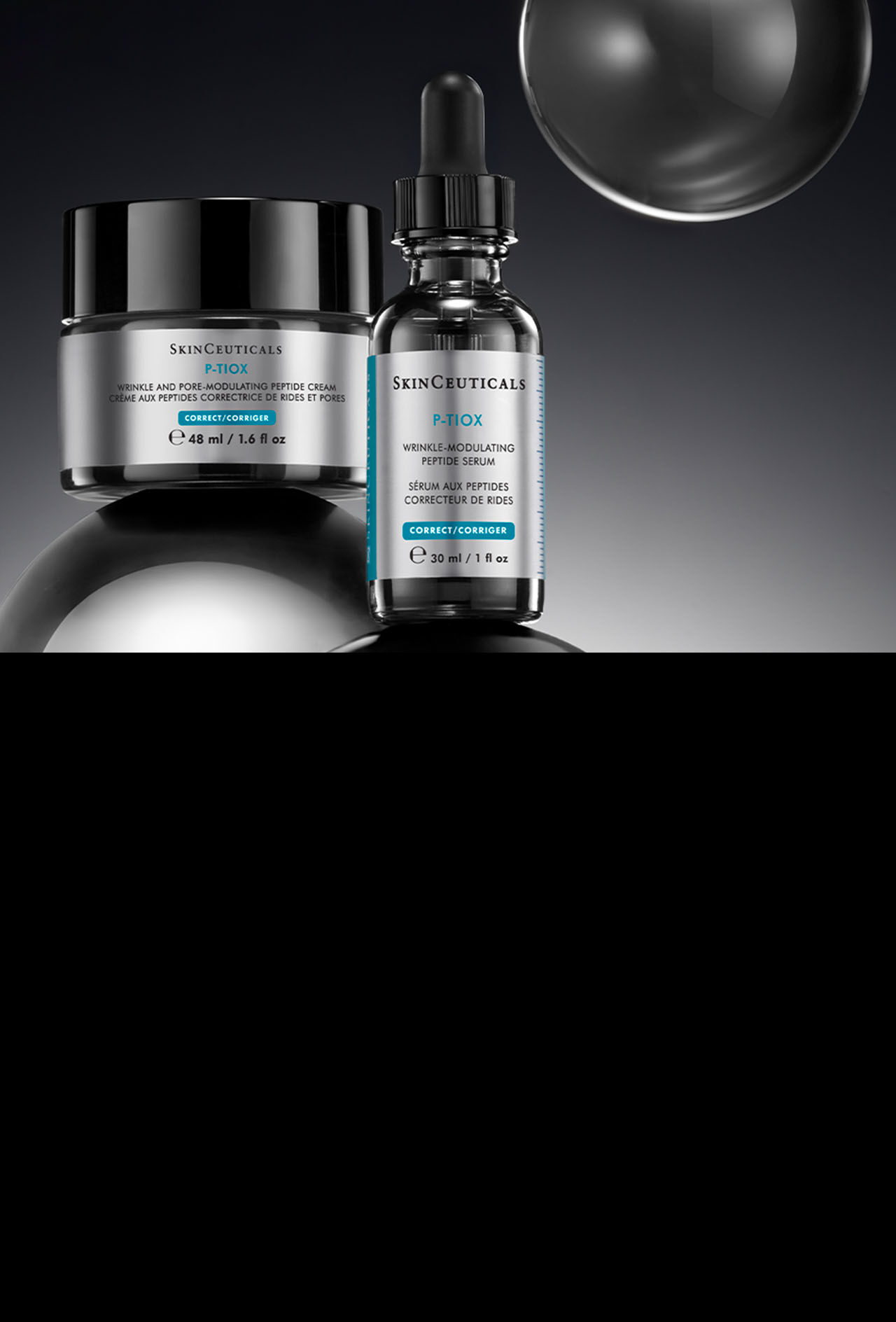 SkinCeuticals CE Ferulic Serum, A.G.E. Advanced Interrupter Creme und HA Intensifier Multi-Glycan Serum in einer Box mit Markenbandern vor dunklem Hintergrund.​