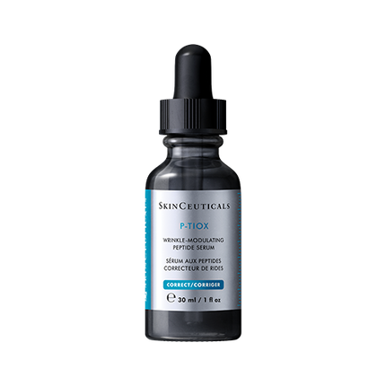 Das Bild zeigt eine Flasche mit einem Serum von SkinCeuticals, das in einem eleganten Design prasentiert wird. Die Flasche hat einen Tropfverschluss und ist mit dem Text "P-110X Wrinkle-Modulating Peptide Serum" sowie weiteren Informationen in mehreren Sprachen etikettiert.