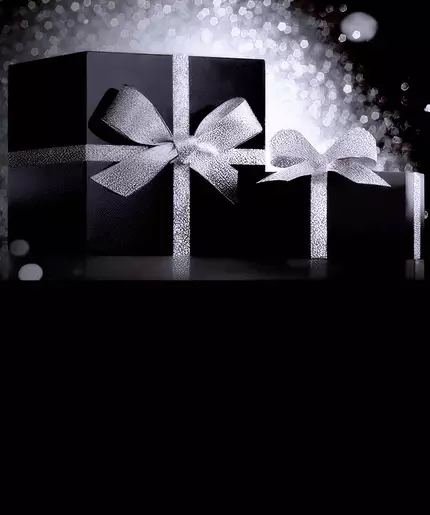 EineNahaufnahme von zwei SkinCeuticalsSerumflaschen, A.G.E Interrupter Ultra Serum und P-Tiox,die vor einer dunklen Geschenkbox mit einer funkelnden goldenen Schleife stehen.