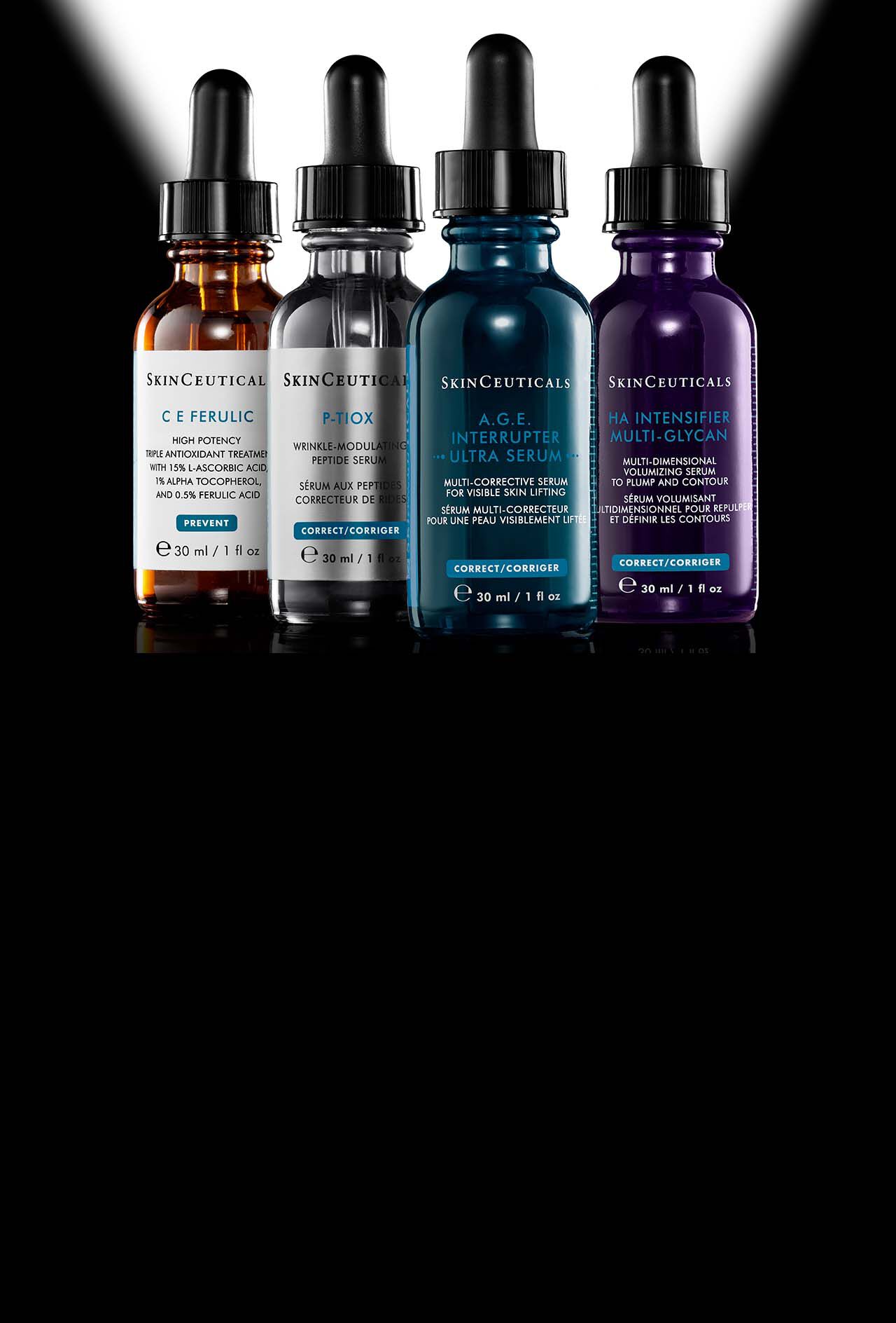 Eine Auswahl an Skinceuticals-Produkten, darunter A.G.E. Interrupter Advanced, CE Ferulic und Advanced Brightening UV Defense, prasentiert vor einem Hintergrund mit Farbverlauf.​