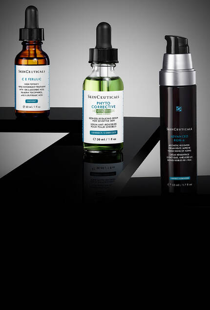 Eine Auswahl an Skinceuticals-Produkten, darunter A.G.E. Interrupter Advanced, CE Ferulic und Advanced Brightening UV Defense, prasentiert vor einem Hintergrund mit Farbverlauf.
