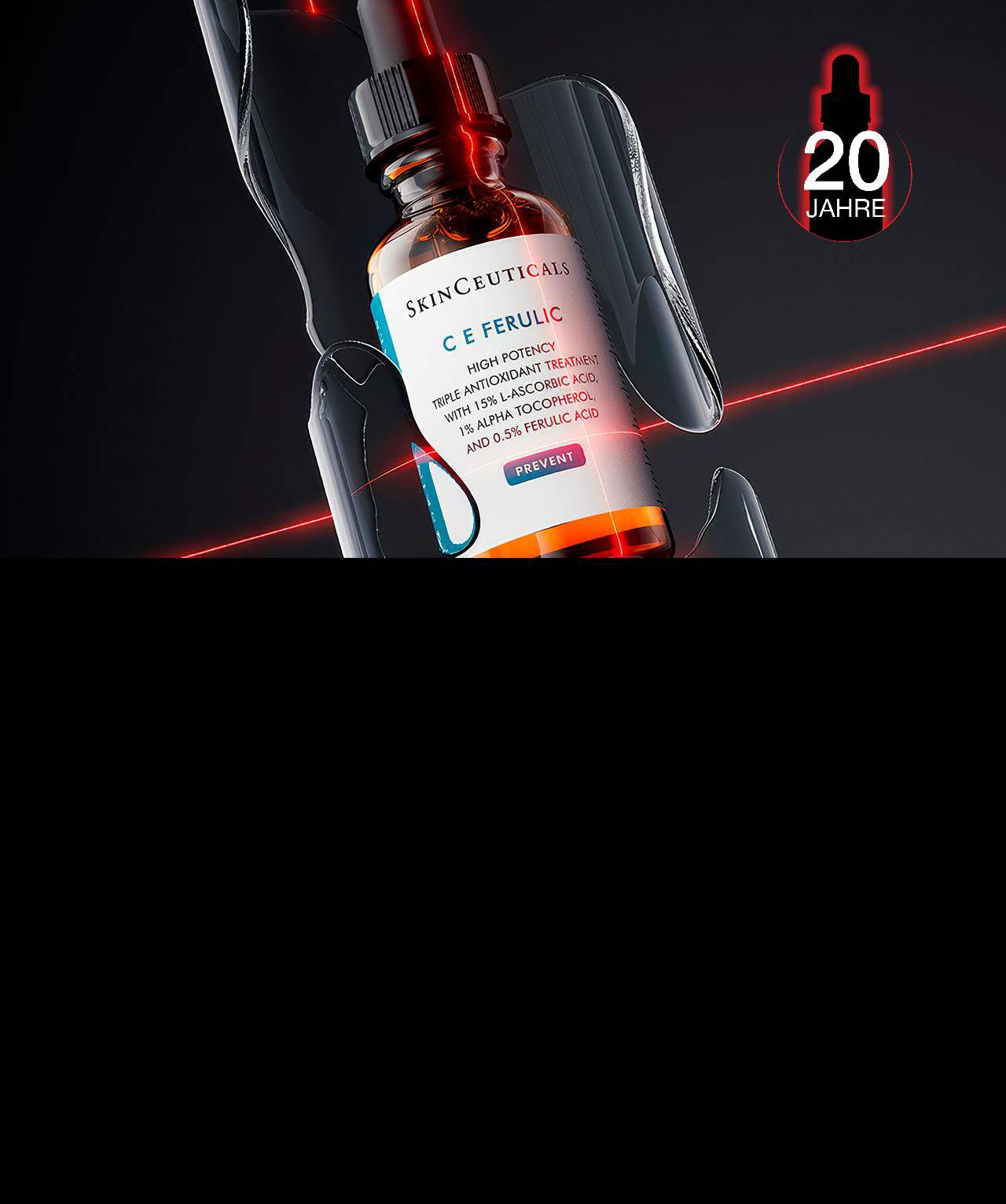 Nahaufnahme einer dunkelbraunen Flasche mit einem Hautserum von SkinCeuticals, umgeben von roten Lichteffekten auf schwarzem Hintergrund.