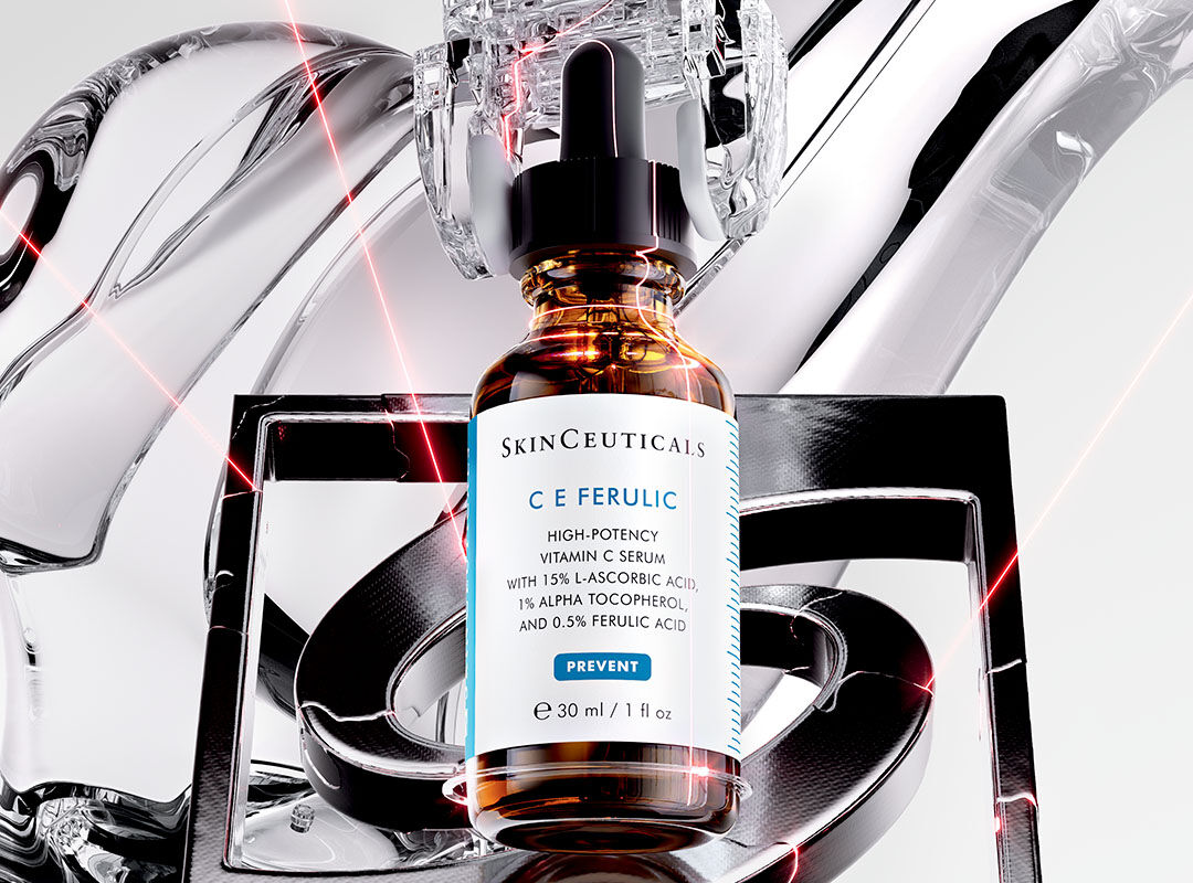 Eine Flasche mit Hautpflege-Serum auf einem modernen, eleganten Hintergrund.