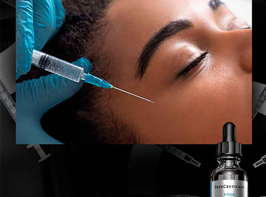 Eine Person erhalt eine Injektion im Gesicht, wahrend eine Flasche Hautpflegeprodukt im Vordergrund zu sehen ist.