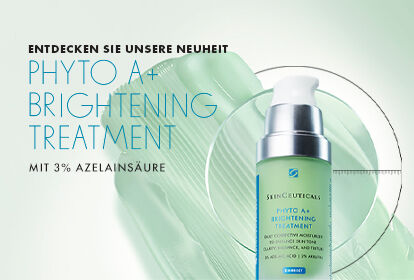 Produktbild des Phyto A+ Brightening Treatments mit 3 % Azelainsaure, umgeben von einem grunen Farbverlauf und dem Text "Entdecken Sie unsere Neuheit".