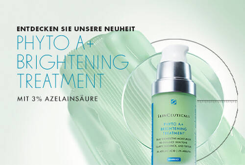 Produktbild des Phyto A+ Brightening Treatments mit 3 % Azelainsaure, umgeben von einem grunen Farbverlauf und dem Text "Entdecken Sie unsere Neuheit".