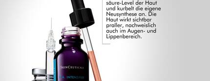 Das Bild zeigt zwei Hautpflegeprodukte von SkinCeuticals: einen Hyaluronsaure-Serum und einen Filler. Das Serum soll den Hyaluronsaure-Spiegel der Haut erhohen und sichtbar helfen, vor allem im Augen- und Lippenbereich.