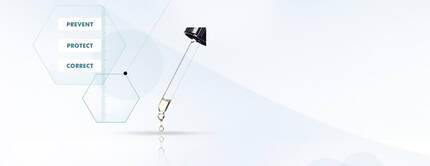 Ein Pipettenbild mit den Worten "Prevent", "Protect" und "Correct" in stilisiertem Layout auf hellem Hintergrund.