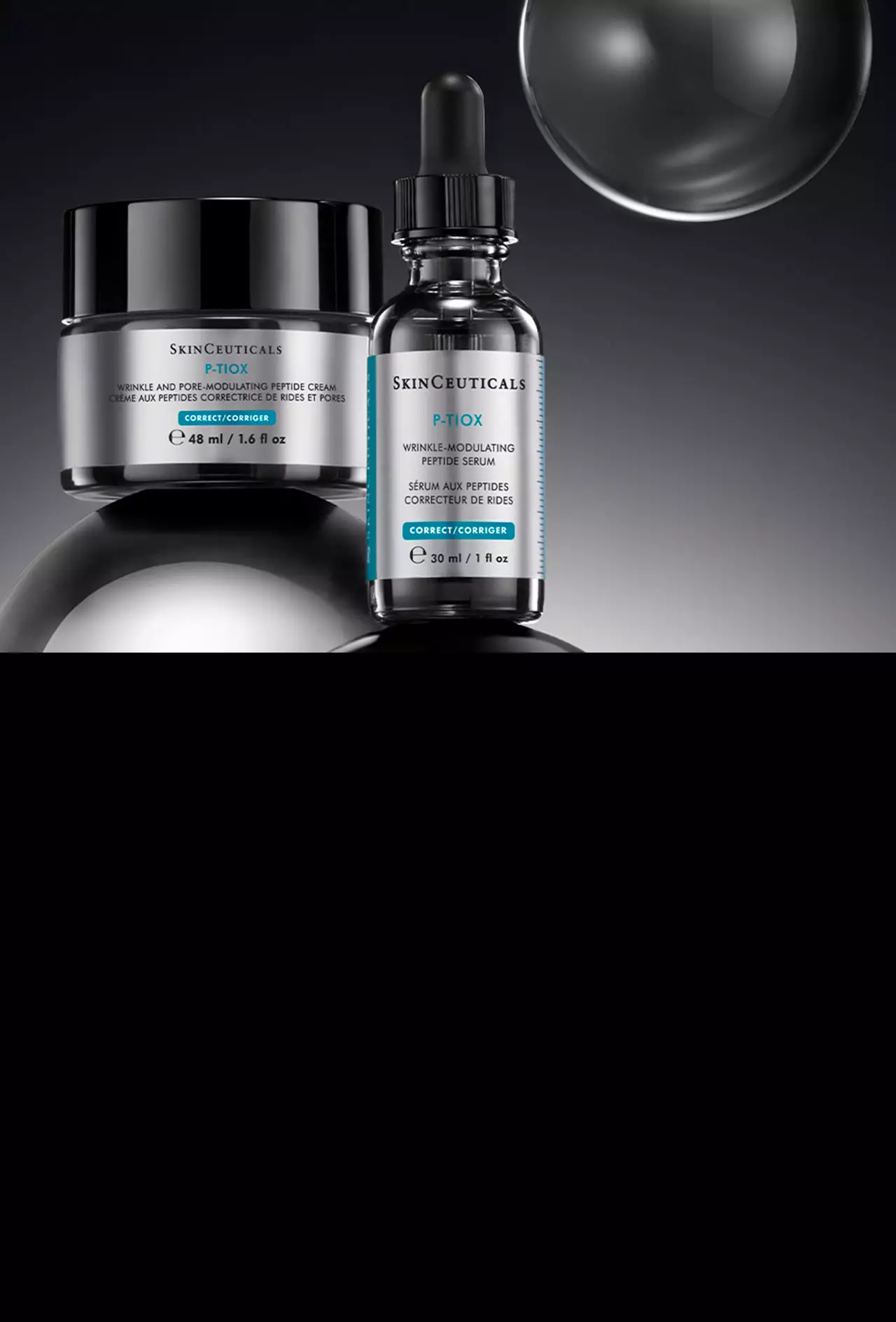 SkinCeuticals P-TIOX Cremetiegel und Serum-Pipettenflasche, prasentiert auf reflektierenden Glaskugeln vor einem dunklen Hintergrund.