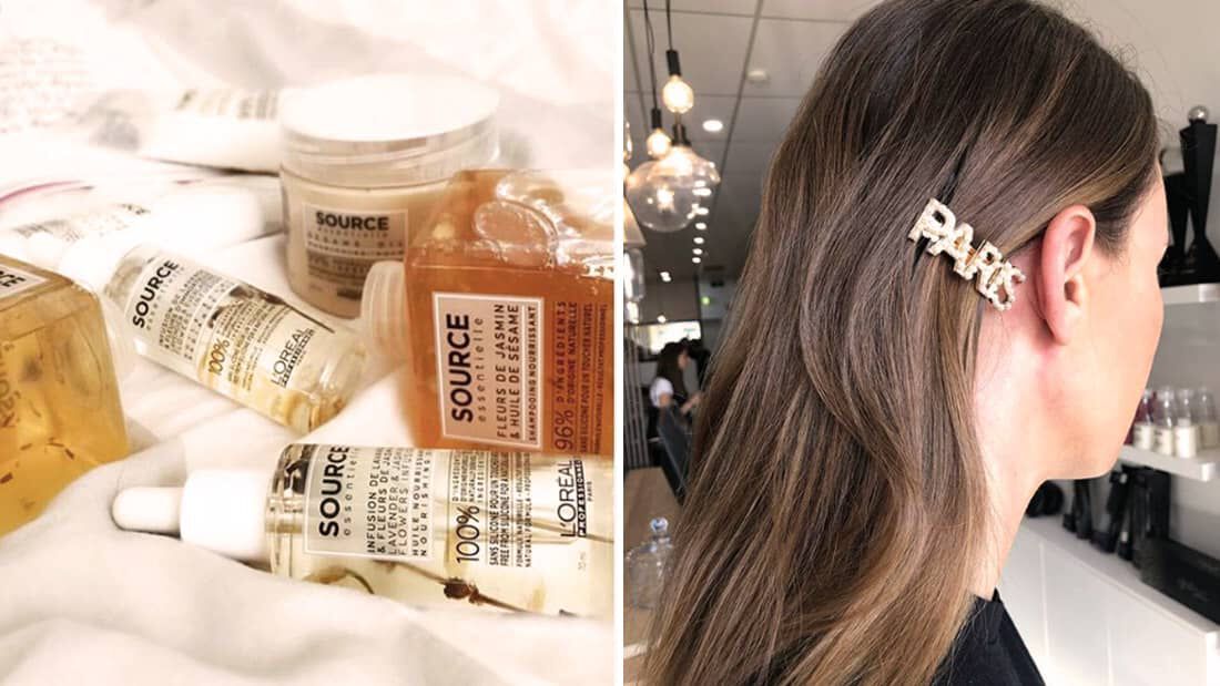 A flat lay of various SOURCE hair care products next to a woman with long hair, wearing a hair clip that says "PARK."