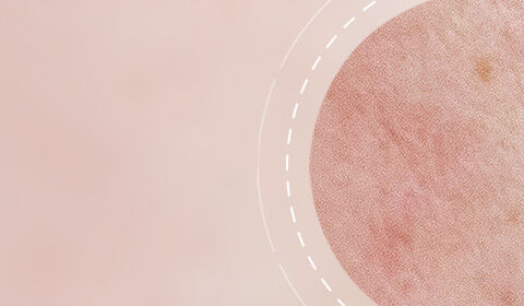 A soft, blurred background in muted pink tones with a circular pattern on the right, featuring a textured surface and dotted outline.